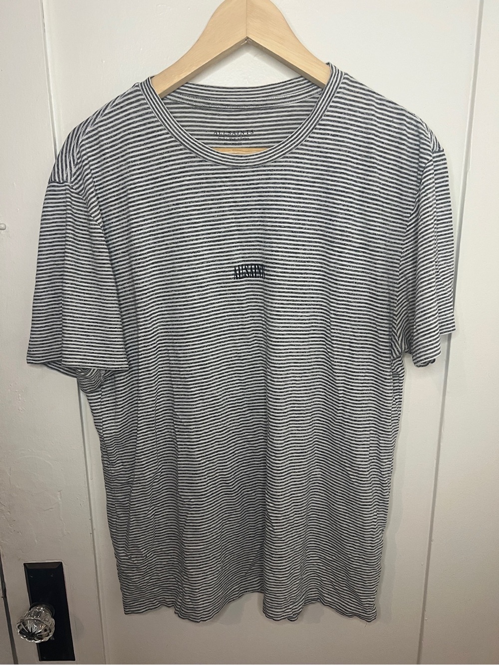 AllSaints Black and White Striped Crewneck Tee